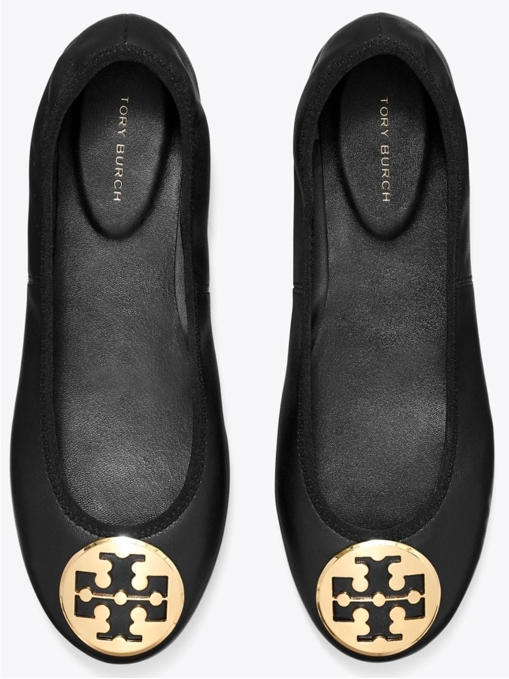 Tory Burch Black Leather Reva Ballet Flats with Gold Logo Medallions